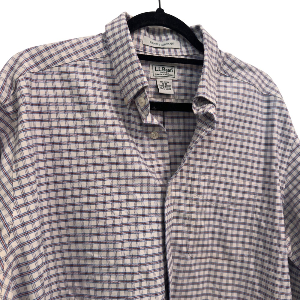 LL Bean Mens 16-35 Oxford Button Down Shirt Blue Plaid Wrinkle Free Ivy Prep
